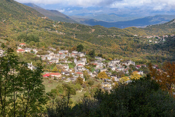 Panorama view of village  Aristi with Picuresque stone buildings during  fall season in Zagori...