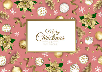 Fototapeta na wymiar Merry Christmas and Happy New Year background. Christmas holiday card with fir tree, snowflakes, balls