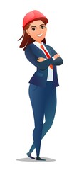 Woman engineer in suit and protective helmet. Office girl at construction site. Cheerful person. Standing pose. Single Character cartoon comic style. Illustration isolated white background. Vector