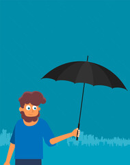 Young man with umbrella. Vector background