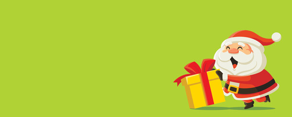 Merry Christmas banner sign design. Funny cartoon Santa Claus pushing Christmas present on blank green background. Empty space for Christmas lettering