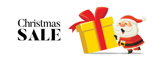 Christmas sale social media ads. Funny cartoon Santa Claus pushing huge box of Christmas present. Promotional template design for Merry Christmas and New Year use