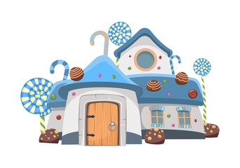 Chocolate with nuts near sweet caramel fairy house. Illustration in cartoon style flat design. Picture for children isolated on white background. Vector