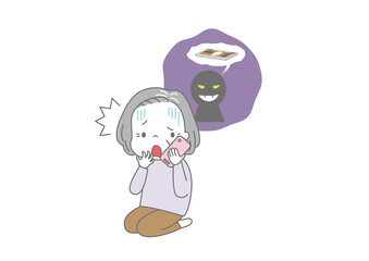 振り込め詐欺　電話を持って慌てる高齢女性