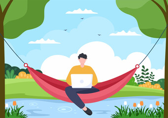 People Lying on Hammock in Park Flat Cartoon Vector Illustration. Summer Vacation Outdoor Picnic Between Two Trees
