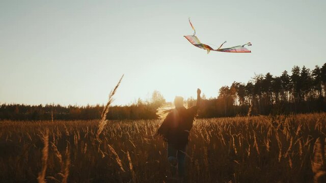 Young woman playing with a kite running on a meadow with dry reed grass at sunset in autumn weather. Rear view, slow-motion shot