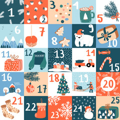 Christmas advent calendar with numbers. Vector winter elements of presents, toys, gingerbread, candy, spruce, bear, cosy houses, snowflakes. Ideal for card, poster, nursery art, kid room decor.