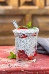 Chia pudding with fresh strawberries for breakfast