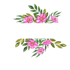 Pink flowers and green autumn leaves border. Hand drawn watercolor illustration.