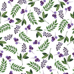 Fototapeta na wymiar Seamless pattern with violet berries, branches and green leaves. Hand drawn watercolor illustration.