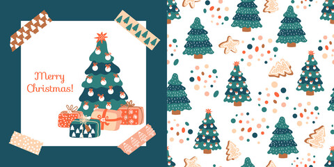 Merry Christmas! Postcard with gift boxes, spruce and washi tapes. Vector pattern with firs, gingerbread and confetti. Ideal for design of fabric, cards, wrapping paper for Happy New year