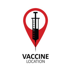 The icon of the vaccine location. The icon of the location of the vaccination site. Location sign with a syringe. Vector illustration isolated on a white background for design and web.