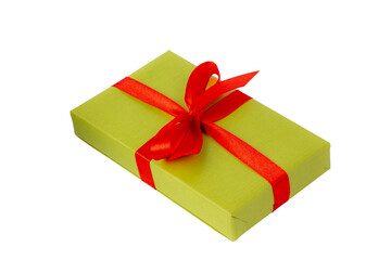Green gift box with red ribbon. Isolate on a white background.
