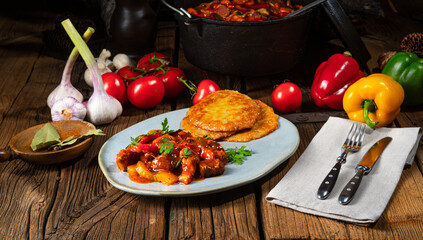 Original Hungarian goulash with potato pancakes