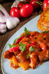 Original Hungarian goulash with potato pancakes
