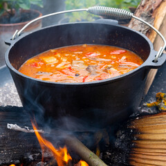 Kettle goulash is prepared over an open fire!