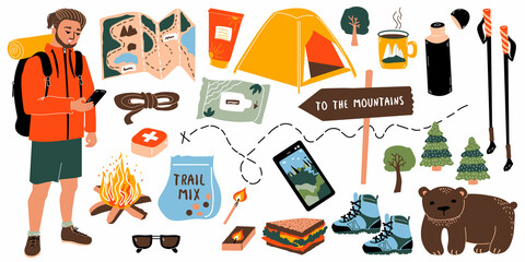 Bundle hiking. Vector set of items for camping- tent, thermos, first aid kit, trekking poles. A guy with backpack and smartphone. Travel equipment for adventure to the mountains
