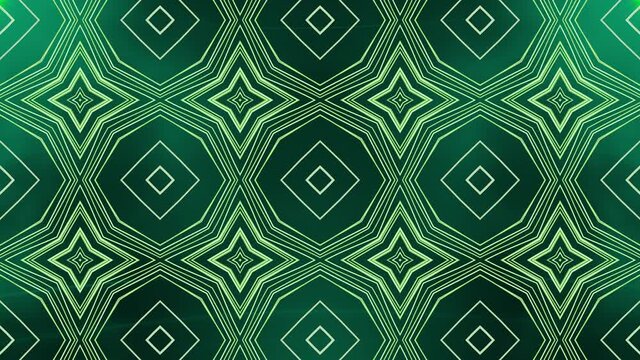 Geometric patterns inspired in mourish, Portuguese and Spanish mosaics design. Squares and stars Geometric linesing pattern, over green background. Mosaic pattern formed by naive lines in loop 4K