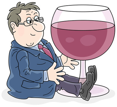 Merry businessman embracing a large glass of wine, vector cartoon illustration isolated on a white background