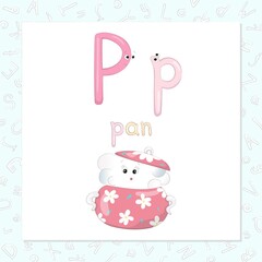 The capital and lowercase letters Pp in the form of cute characters. The word, starting with p, and funny image, which looks like a kind character. Sweet home series for the development of imagination
