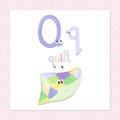 The capital and lowercase letters Qq in the form of cute characters. The word, starting with q, and funny image, which looks like a kind character. Sweet home series for the development of imagination