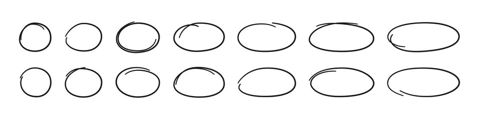 Hand drawn ovals and circles set. Ovals of different widths. Highlight circle frames. Ellipses in doodle style. Set of vector illustration isolated on white background.