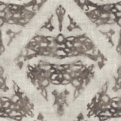 Seamless tan brown grungy tribal neutral rug motif surface pattern design for print. High quality illustration. Distressed bohemian ethnic repeat swatch. Hand drawn diamond damask textile design.