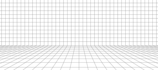3d wireframe grid room. 3d perspective laser grid. Cyberspace white background with black mesh. Futuristic digital hallway space in virtual reality. Vector illustration.