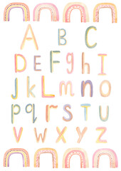 Watercolor Rainbow Alphabet clip art, ABC Poster, Kids Educational clipart, Nursery Wall art, Beige Letters Print, School Children Font illustration