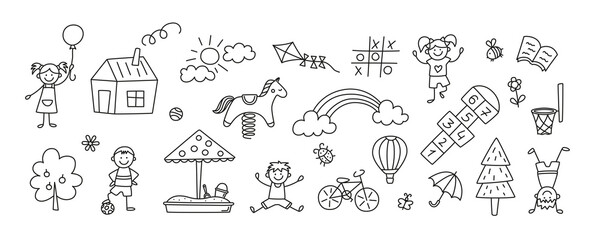 Funny kids and children playground. Swing, slide, teeter and sandbox in doodle style. Kid drawing of house, rainbow,tree. Hand drawn vector illustration on white background. Editable stroke. © Elena Pimukova