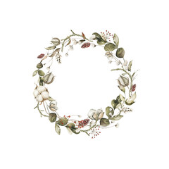 Watercolor floral wreath. Hand painted christmas frame of winter greenery, cotton flowers, cones, berries. New year border. Isolated on white background. Botanical illustration for card design, print.