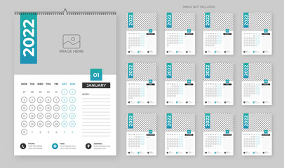2022 Multi page wall calendar design template, modern 12 months one-page calendar