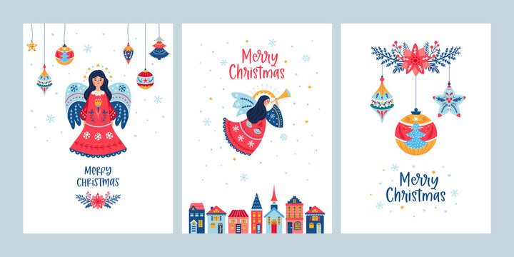 Christmas cards vector set of angel balls village