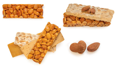 Nougat Turron Almond nuts Isolated on White Background. Top view.