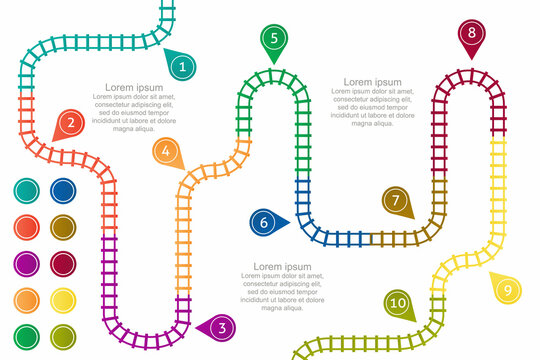 Railroad Tracks, Stations Map. Railway Route, Tracking Subway Stations Map Top View, Colorful Stairs Railways. Infographic Elements, Simple Illustration.