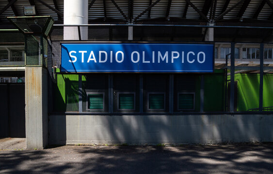 Entrance gates to Stadio Olimpico, largest sports facility of Rome. Home of A.S. Roma, S.S. Lazio and Italy national football team on June 2, 2019 in Rome, Italy.