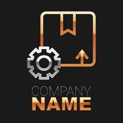 Line Gear wheel with package box icon isolated on black background. Box, package, parcel sign. Delivery and packaging. Colorful outline concept. Vector