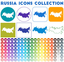 Russia icons collection. Bright colourful trendy map icons. Modern Russia badge with country map. Vector illustration.