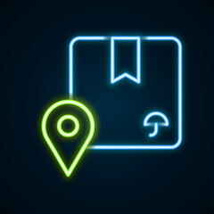Glowing neon line Location with cardboard box icon isolated on black background. Delivery services, logistic and transportation, distribution. Colorful outline concept. Vector