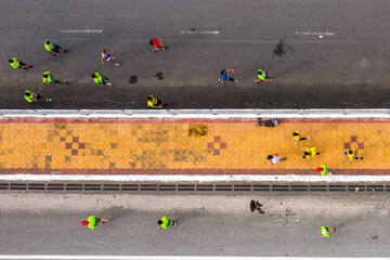 Vi Thanh, Nov 08, 2020. Aerial view Tourists visit and run a marathon in Hau Giang province