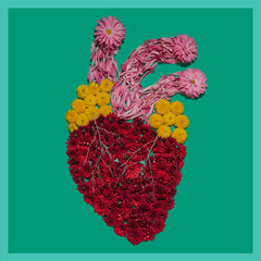 Anatomical model of human heart , flower installation on green background. Part of set pictures of...