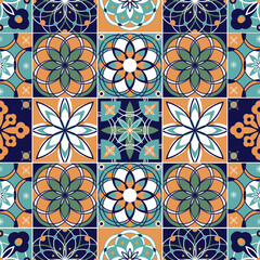 Seamless pattern with with Portuguese tiles. Vector illustration of Azulejo on white background. Mediterranean style. Multicolor design.