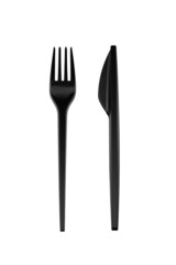 Plastic fork and knife isolated on white background. Disposable tableware. Single use cutlery set for take away food.