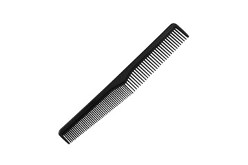 Black plastic hair comb isolated on white background, top view.