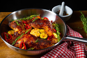 Fried chicken legs with various vegetables and spices