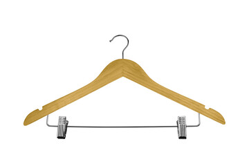 Empty wooden clothes hanger isolated on white background.