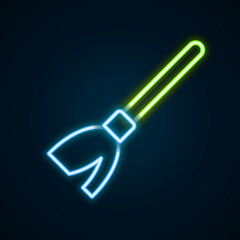 Glowing neon line Handle broom icon isolated on black background. Cleaning service concept. Colorful outline concept. Vector
