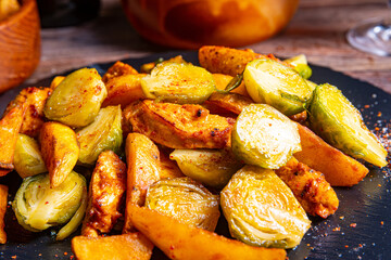 Brussels sprouts fried chicken breast and potatoes