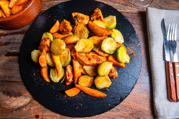 Brussels sprouts fried chicken breast and potatoes
