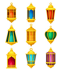 Arabic vintage golden lanterns set. Ramadan Kareem lamps, traditional muslim symbol vector illustration